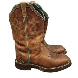 Justin Size 8 1/2 Western Cowboy Boots with Turquoise Accents Square Toe Raya